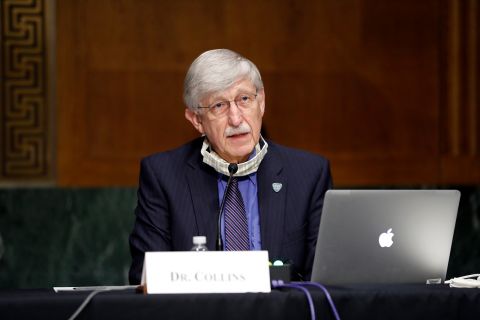National Institutes of Health Director Dr. Francis Collins listens during a Senate Health Education Labor and Pensions Committee hearing on new coronavirus tests on Capitol Hill in Washington, on May 7.