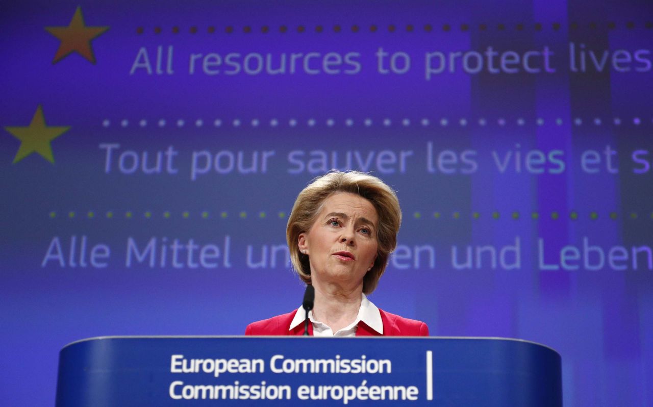 European Commission President Ursula von der Leyen speaks during a media conference at EU headquarters in Brussels, Belgium, on April 2.