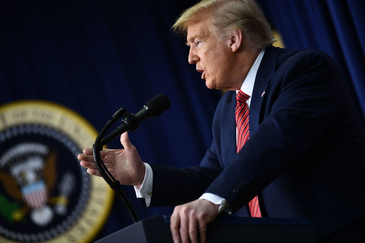 US President Donald Trump speaks to National border Patrol Council members in the South Court Auditorium of the Eisenhower Executive Office Building at the White House on Feb. 14 in Washington, DC.