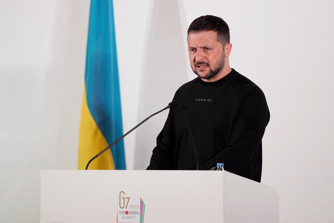 Ukrainian President Volodymyr Zelensky speaks at the G7 summit on May 21, in Hiroshima, Japan. 