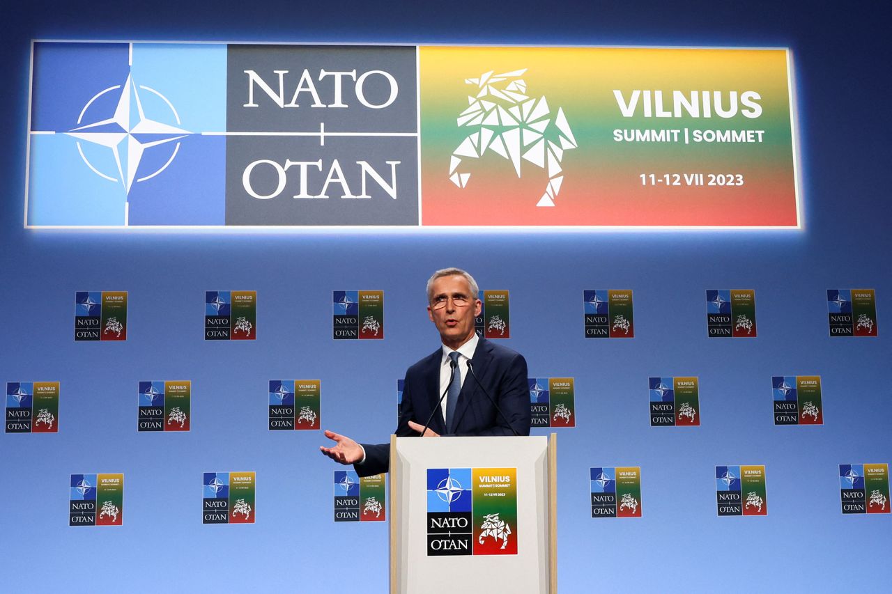 NATO Secretary-General Jens Stoltenberg speaks to the press, on the eve of a NATO summit, in Vilnius, Lithuania, on July 10.