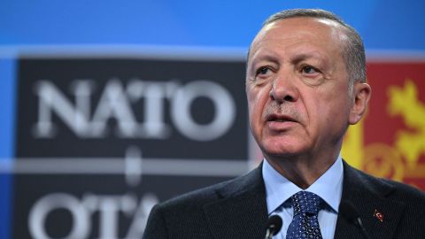 Turkish President Recep Tayyip Erdoğan addresses media representatives during a press conference at the NATO summit in Madrid on June 30.