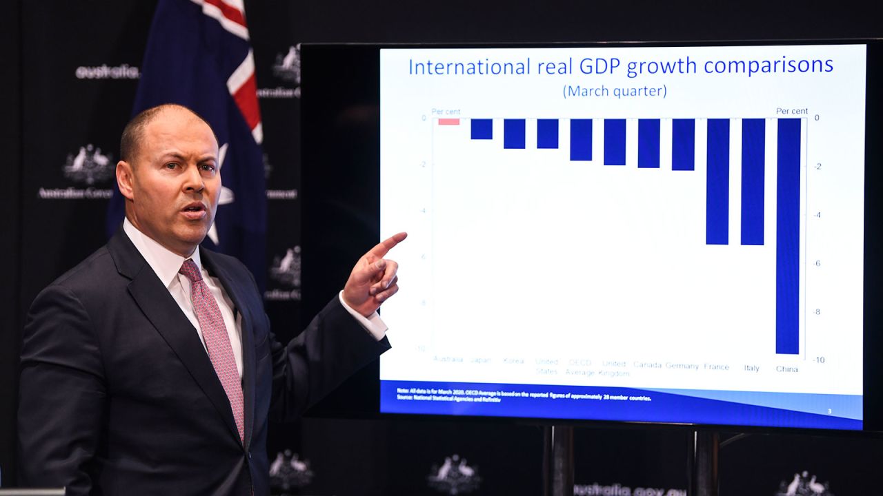 Australian Federal Treasurer Josh Frydenberg speaks to the media during a news conference at Parliament House in Canberra on June 3.