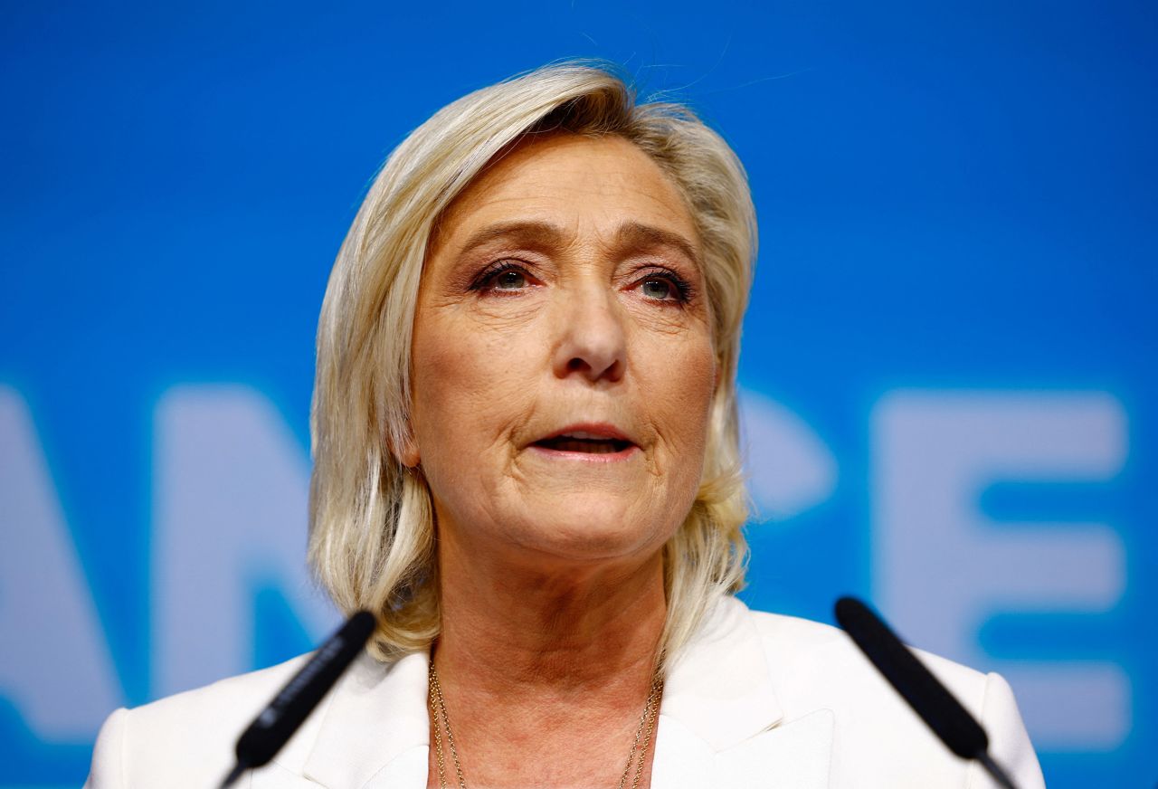 Marine Le Pen, leader of the French far-right National Rally party, addresses party members in Paris on June 9. 