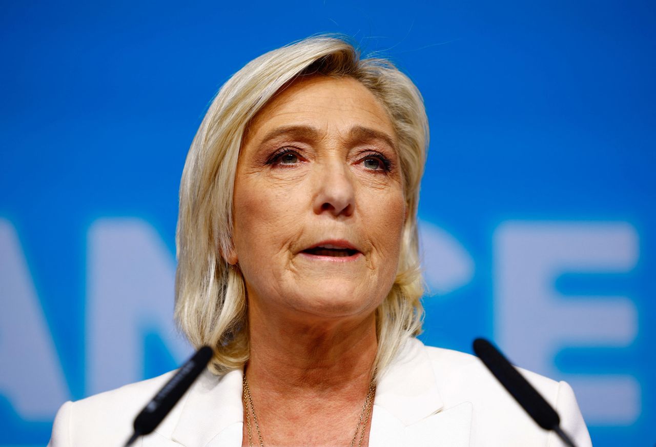Marine Le Pen, leader of the French far-right National Rally party, addresses party members in Paris on June 9.