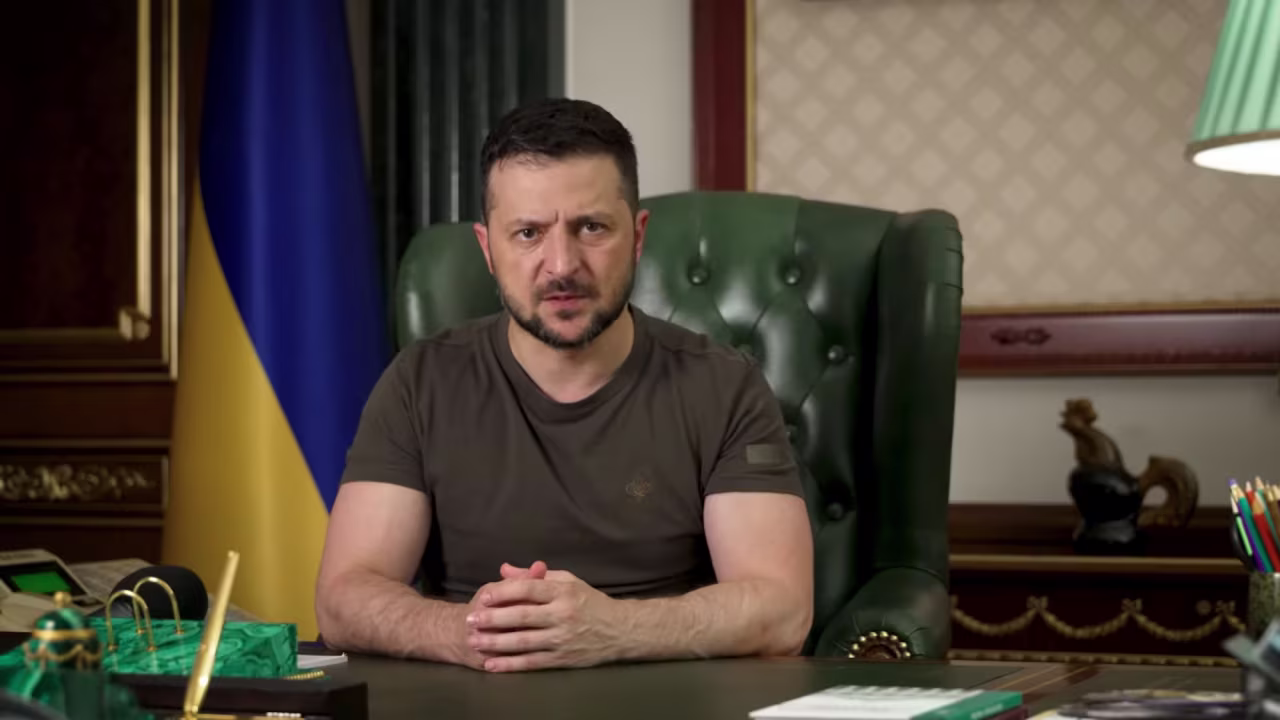 Ukrainian President Volodymyr Zelensky speaks during his evening video message on Thursday Aug. 4. 