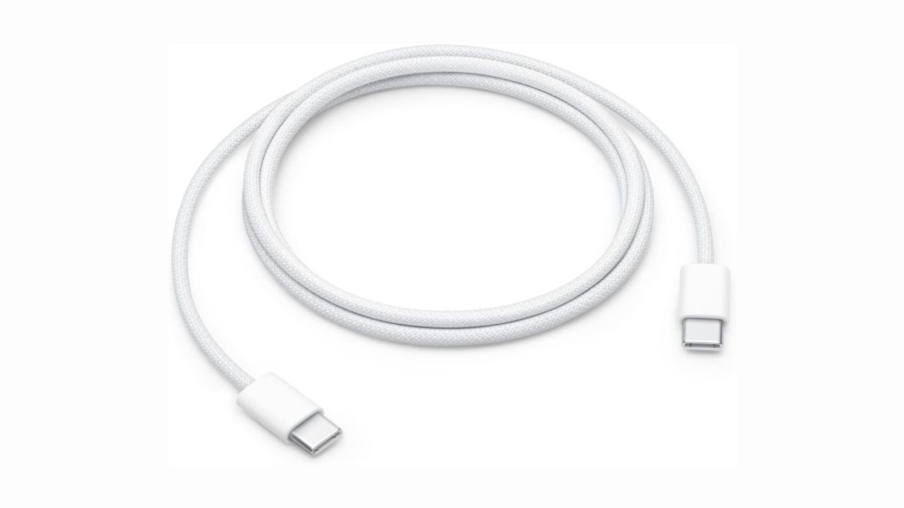 a white Apple USB-C Woven Charge Cable on a white background