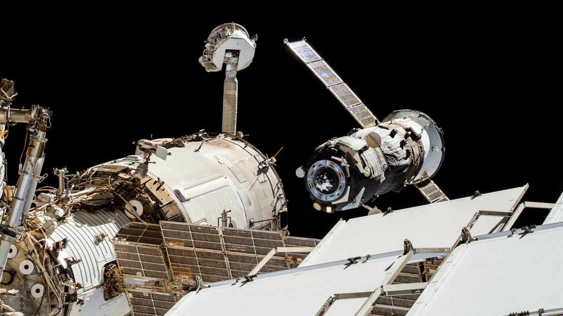 The ISS Progress 79 resupply ship — a cargo vehicle that carries supplies to the space station — is seen moments after undocking from the Zvezda service module's rear port.