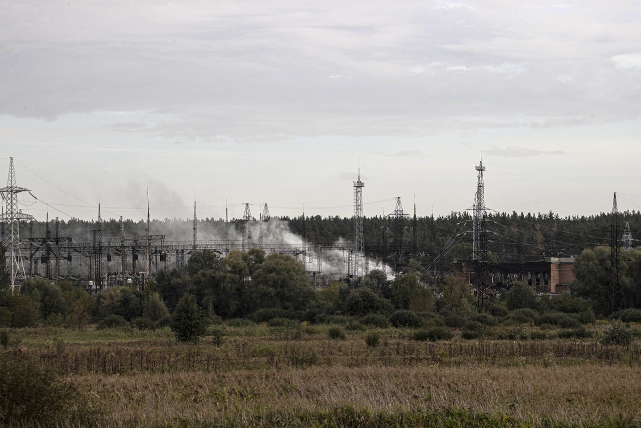 Smoke rises after a Russian rocket attack hit an electric power station in Kharkiv on September 12.
