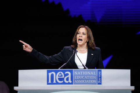 Vice President Kamala Harris speaks at the National Education Association annual meeting in Chicago on July 5. 