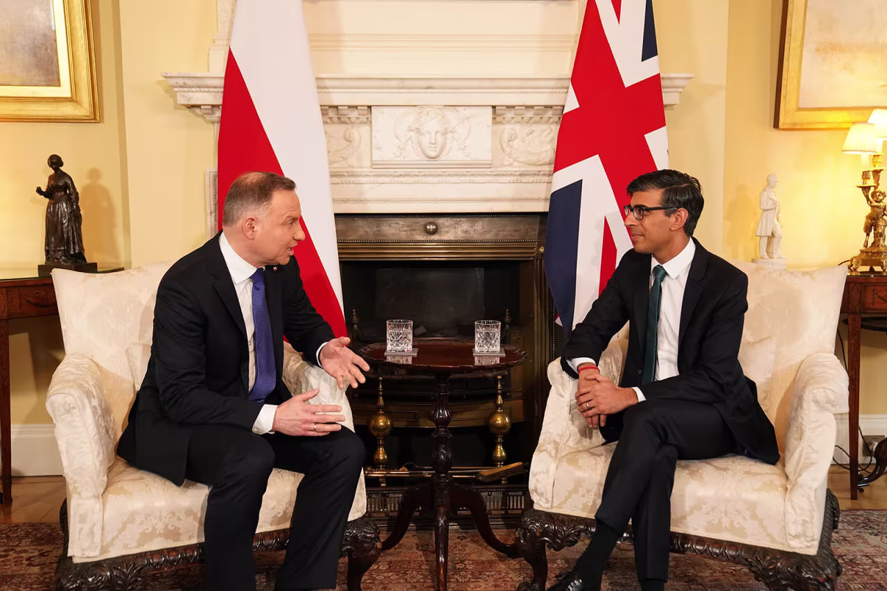 Britain's Prime Minister Rishi Sunak, right, greets Poland's President Andrzej Duda ahead of a bilateral meeting at 10 Downing Street on February 16 in London.