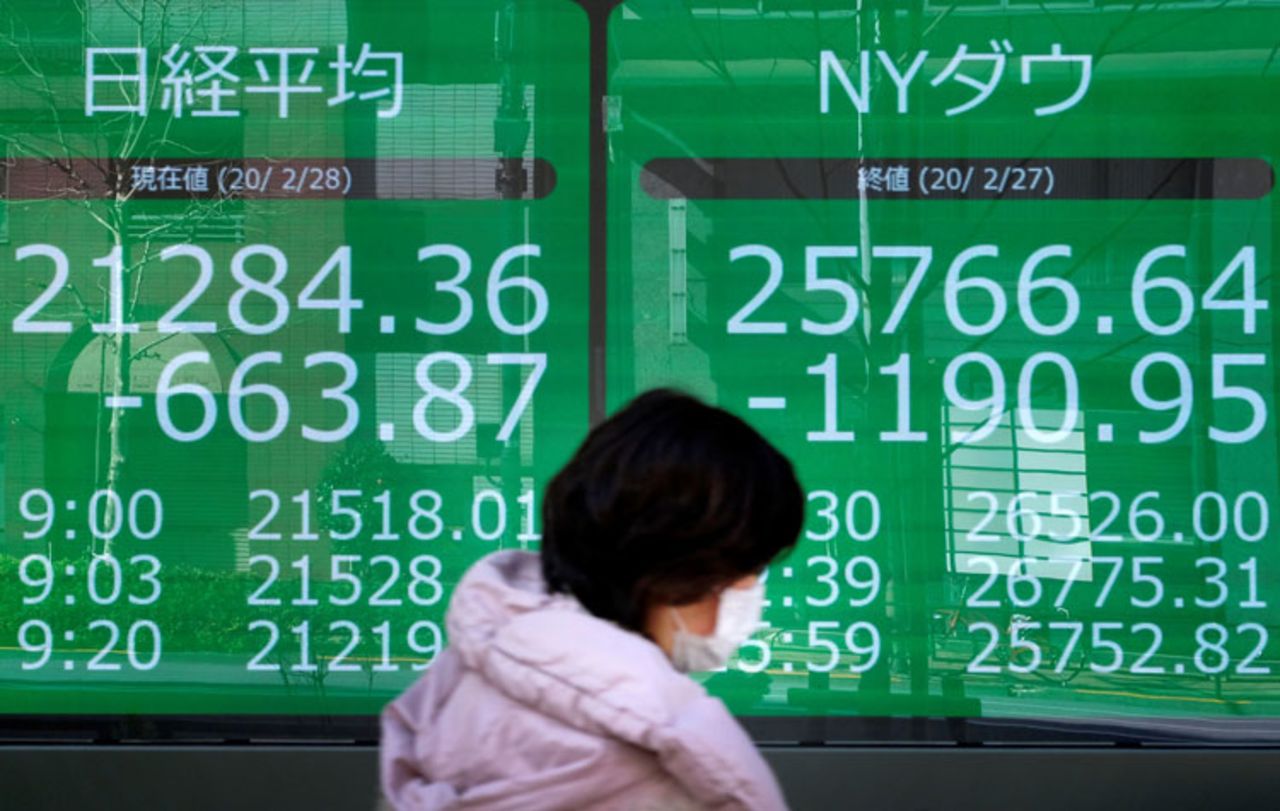 A pedestrian walk past an electronic quotation board displaying share prices of the Nikkei 225 Index, left, and New York Dow, right, in Tokyo on February 28. 