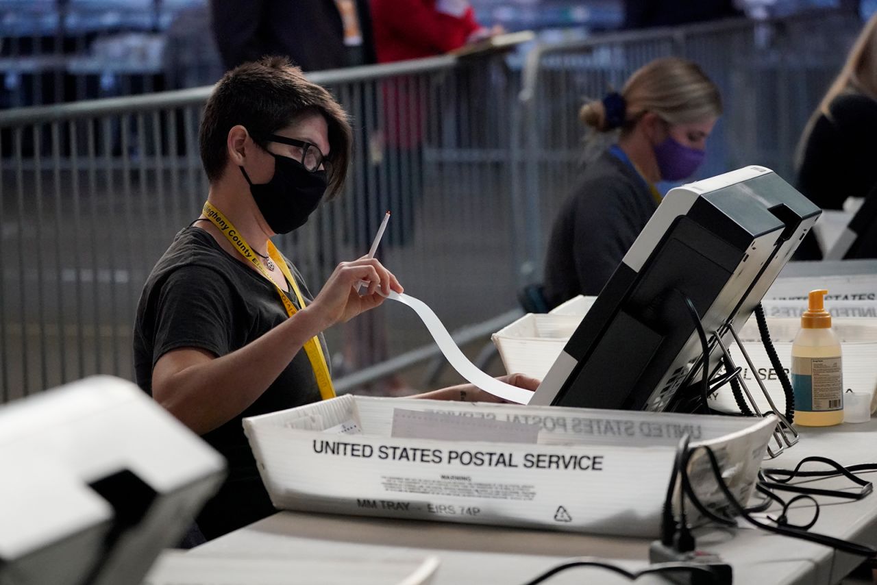 Election office workers process ballots as counting continues from the general election at the Allegheny County elections returns warehouse in Pittsburgh, Friday, Nov. 6.