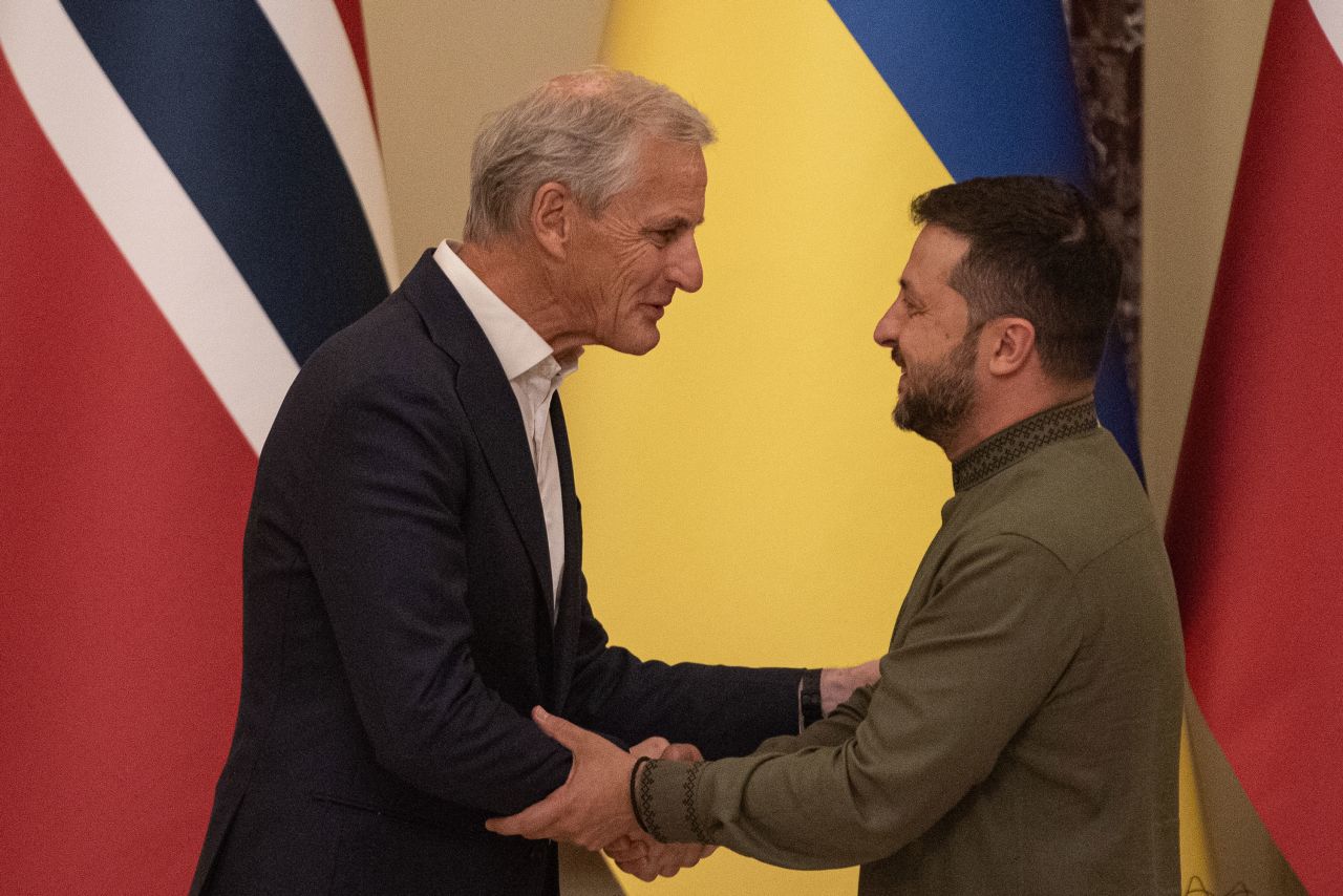 Press conference of Norwegian Prime Minister Jonas Gahr Støre and Ukrainian president Volodymyr Zelensky on August 24, 2023 in Kyiv, Ukraine.