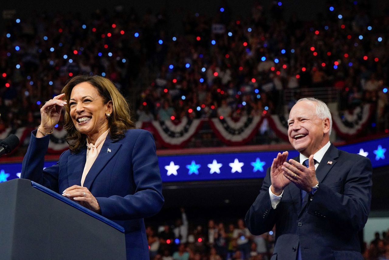 Harris speaks during the rally, introducing Walz to supporters.