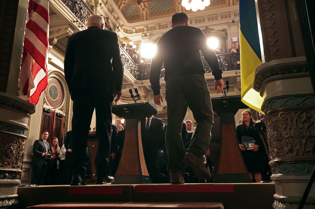 In this December 2023 photo, US President Joe Biden and Ukrainian President Volodymyr Zelensky take the stage for a news conference in the Indian Treaty Room of the Eisenhower Executive Office Building on December 12, 2023 in Washington, DC.