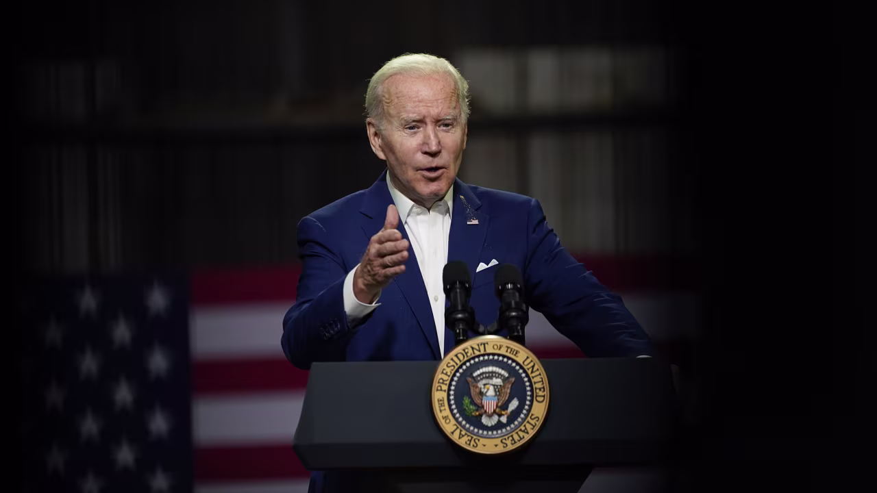 President Joe Biden speaks at POET Bioprocessing in Menlo, Iowa on Tuesday, April 12.
