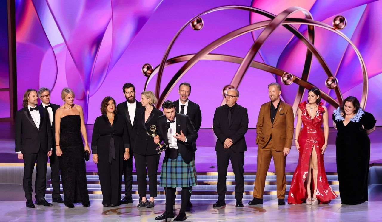 Richard Gadd, accompanied by cast and crew, receives the award for best limited or anthology series. 