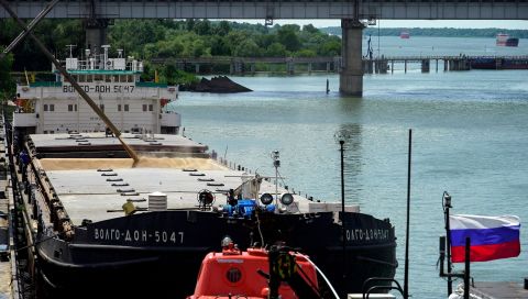 Wheat is loaded aboard a cargo ship in the port of Rostov-on-Don, Russia, on July 26.