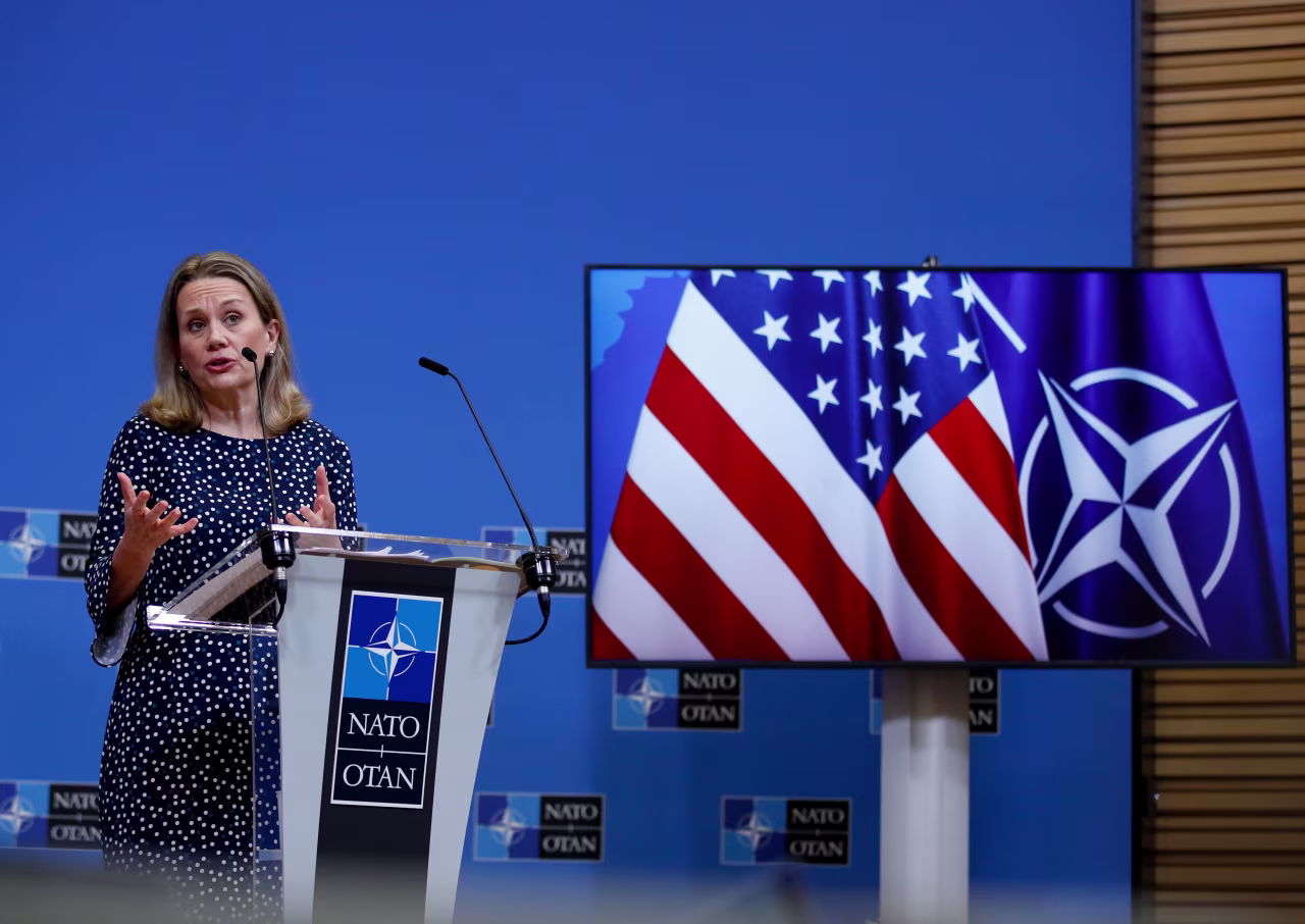 US Ambassador to NATO Julianne Smith speaks during a news briefing in Brussels, Belgium, on February 15, 2022.