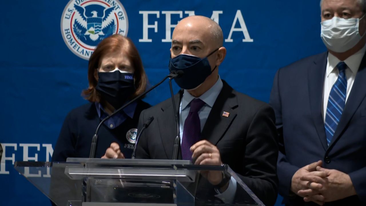 Homeland Security Secretary Alejandro Mayorkas speaks at a FEMA-supported vaccination center in Philadelphia on March 2.