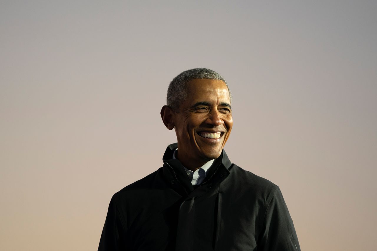 Former President Barack Obama speaks during a drive-in campaign rally with Democratic presidential nominee Joe Biden at Belle Isle on October 31, in Detroit, Michigan.