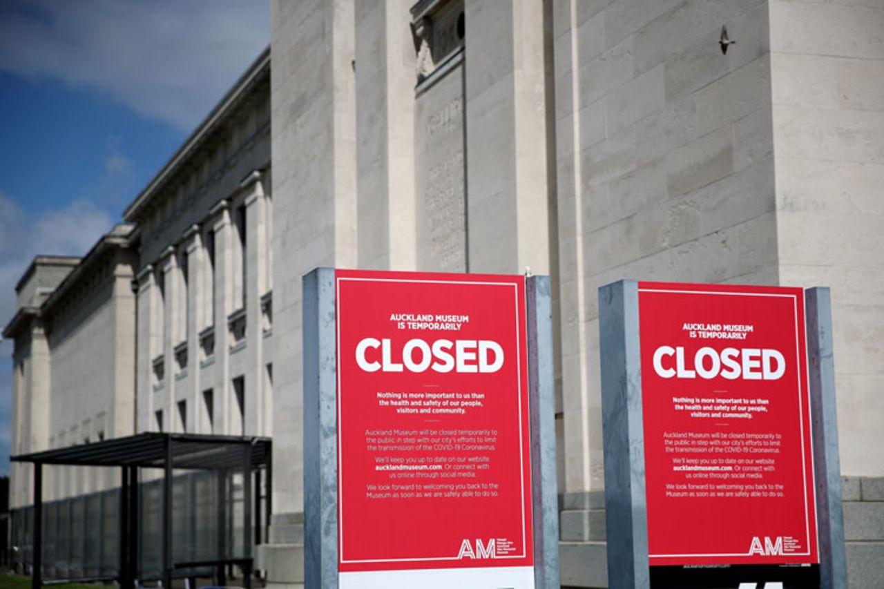 Closed notices relating to the coronavirus are seen outside the entrance to the Auckland War Memorial on March 25 in Auckland, New Zealand. 