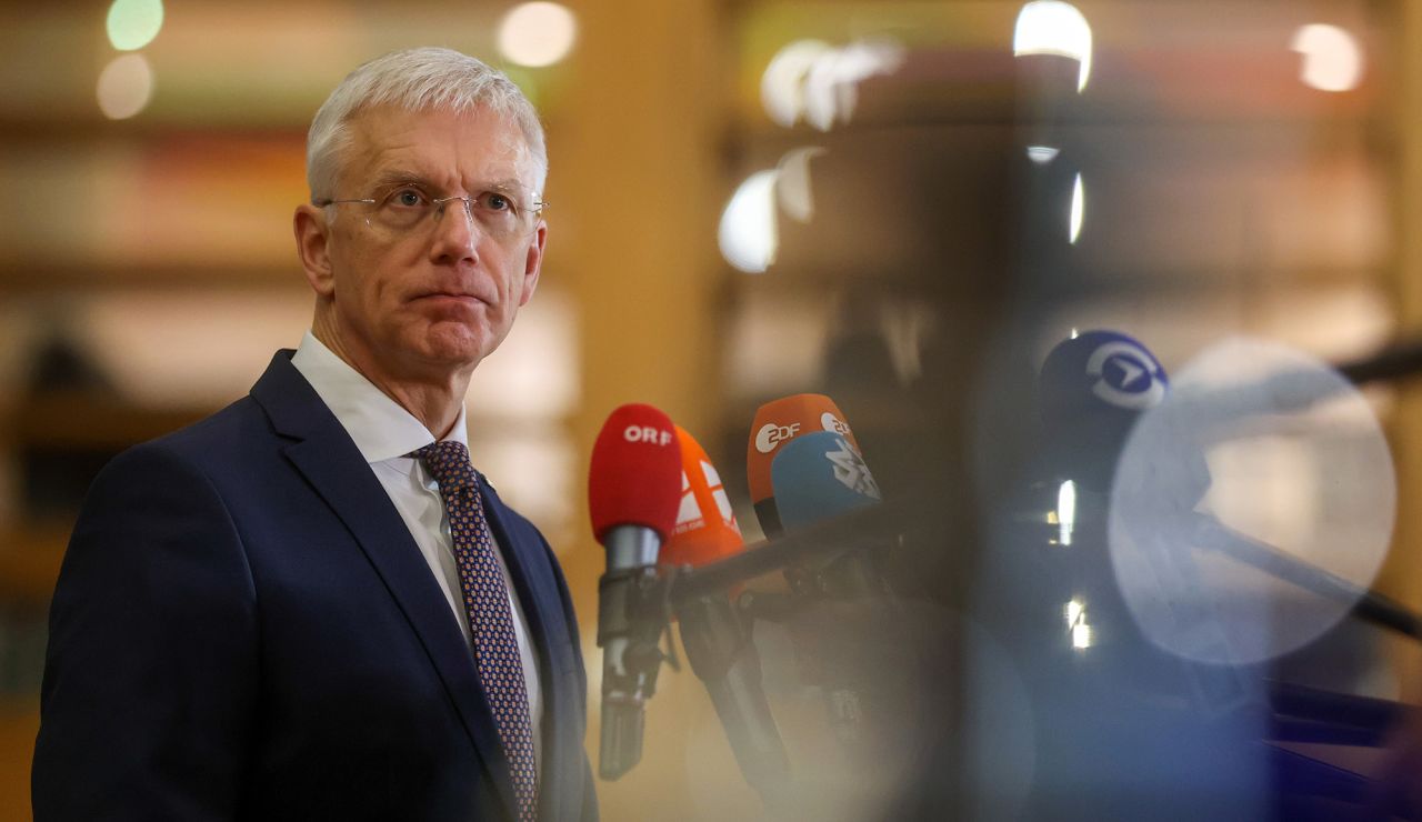 Latvian Foreign Minister Krisjanis Karins talks to the media during the European Foreign Ministers Council meeting in Brussels, Belgium, on January 22.