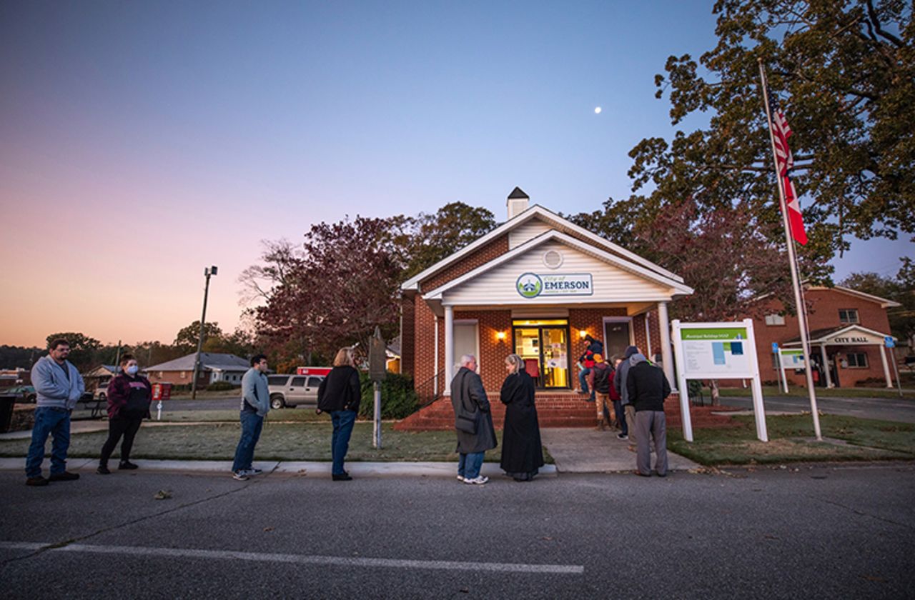 Voters line up to cast their ballots on Election Day, Tuesday, Nov. 3, 2020, in Emerson, Ga. 