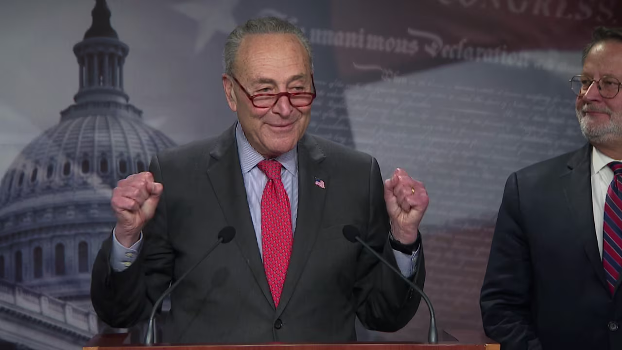 Senate Majority Leader Chuck Schumer talks to reporters on Wednesday.