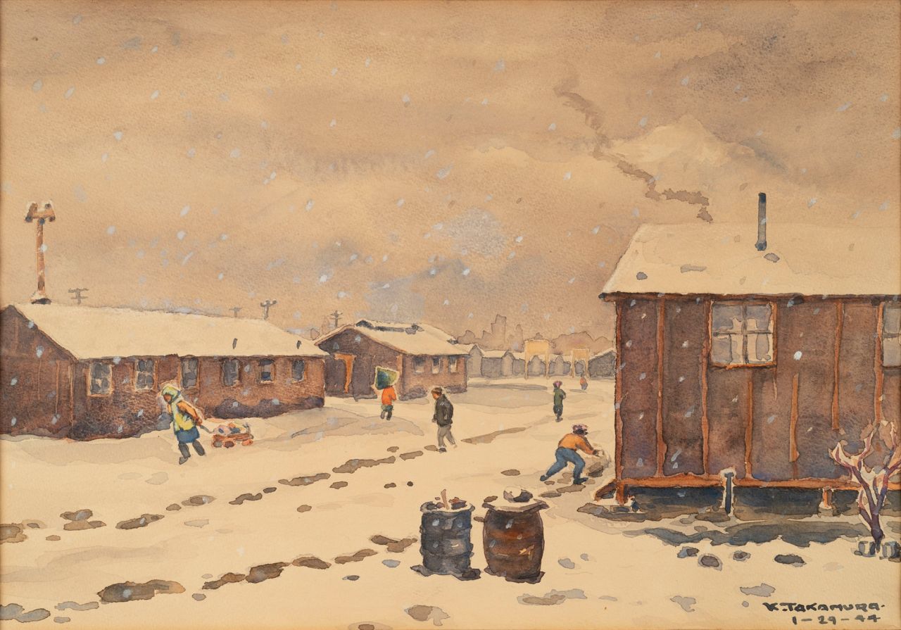 A tranquil watercolor by imprisoned artist Kango Takamura depicts a winter's day at the Manzanar camp in California's Owens Valley.