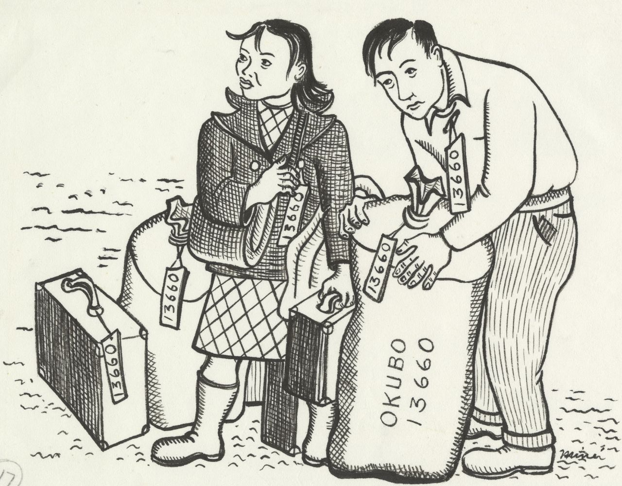 An illustration from Miné Okubo’s graphic memoir, "Citizen 13660," depicts the artist and her brother with the only belongings they were allowed to take into the camp.