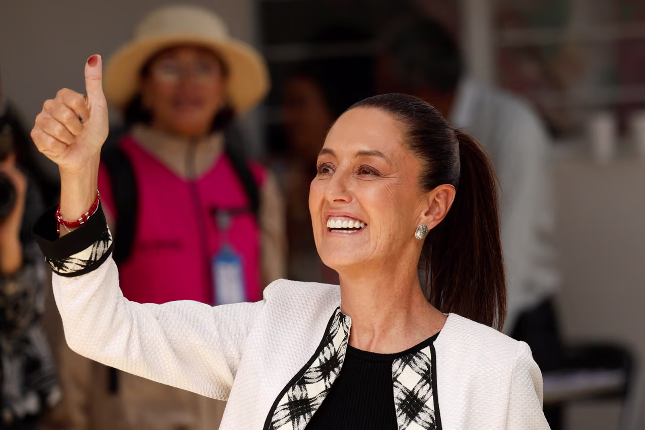 Claudia Sheinbaum, presidential candidate of the ruling MORENA party, gives a thumb up after she voted in the general elections, in Mexico City, Mexico June 2.