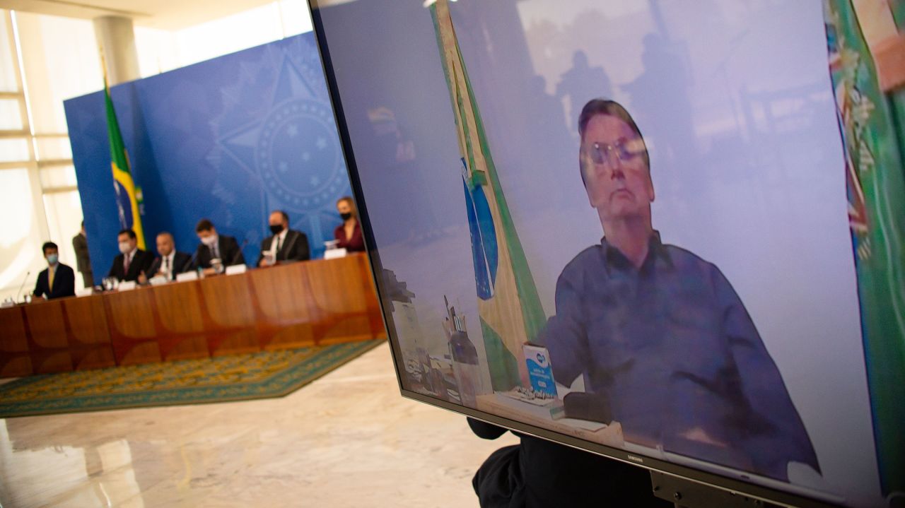 Brazilian President Jair Bolsonaro participates in a ceremony via video conference on Wednesday.