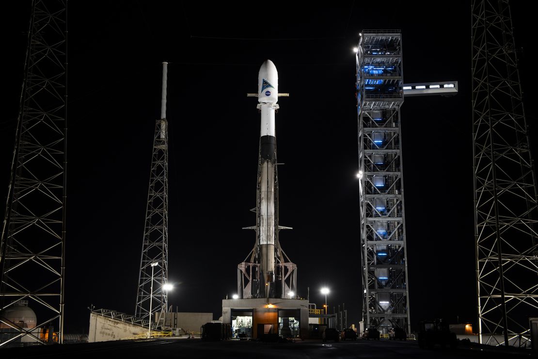 NASA's PACE spacecraft is seen atop a Falcon 9 rocket on the launch pad at Cape Canaveral Space Force Station in Florida on Feb. 5.