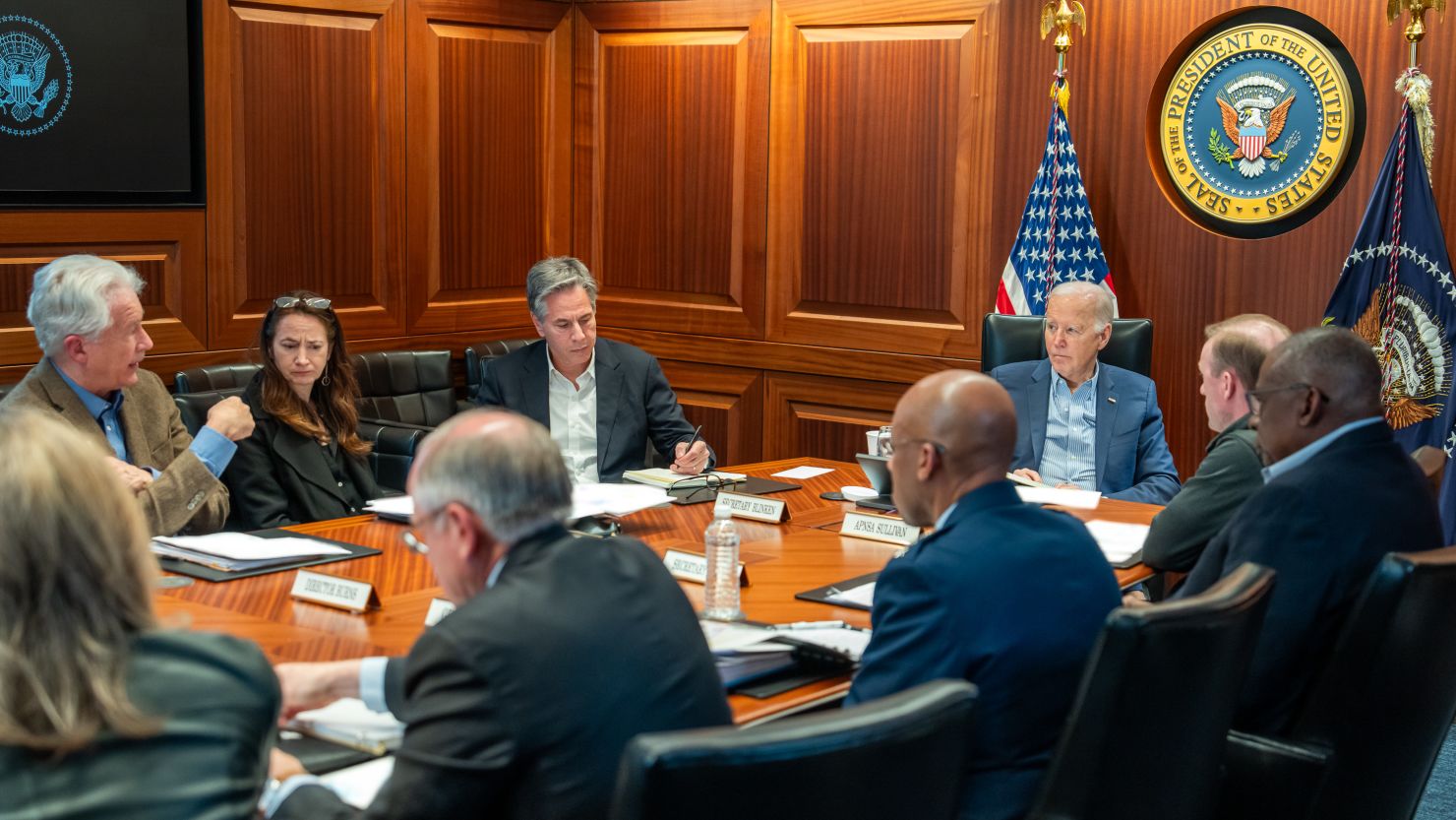 President Joe Biden meets with members of the National Security team regarding the unfolding missile attacks on Israel from Iran, Saturday, April 13, 2024, in the White House Situation Room. Some portions of this handout photo have been blurred by the source.