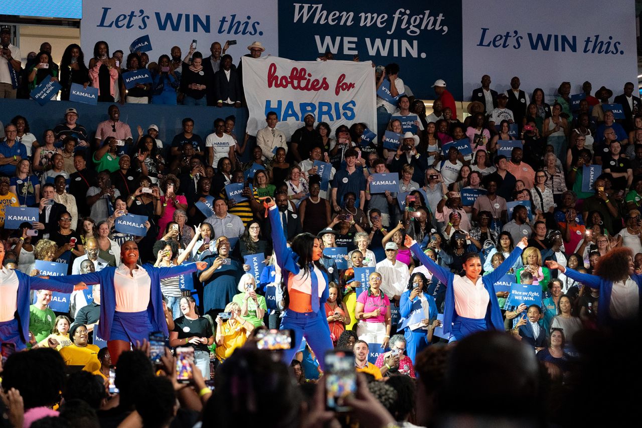 Megan Thee Stallion performs at a campaign rally for Democratic presidential candidate Vice President Kamala Harris at the Georgia State Convocation Center in Atlanta, Georgia on July 30.