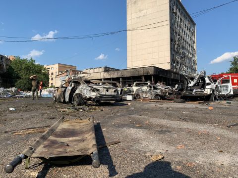 Damage is seen following a missile strike in Vinnytsia, Ukraine. 