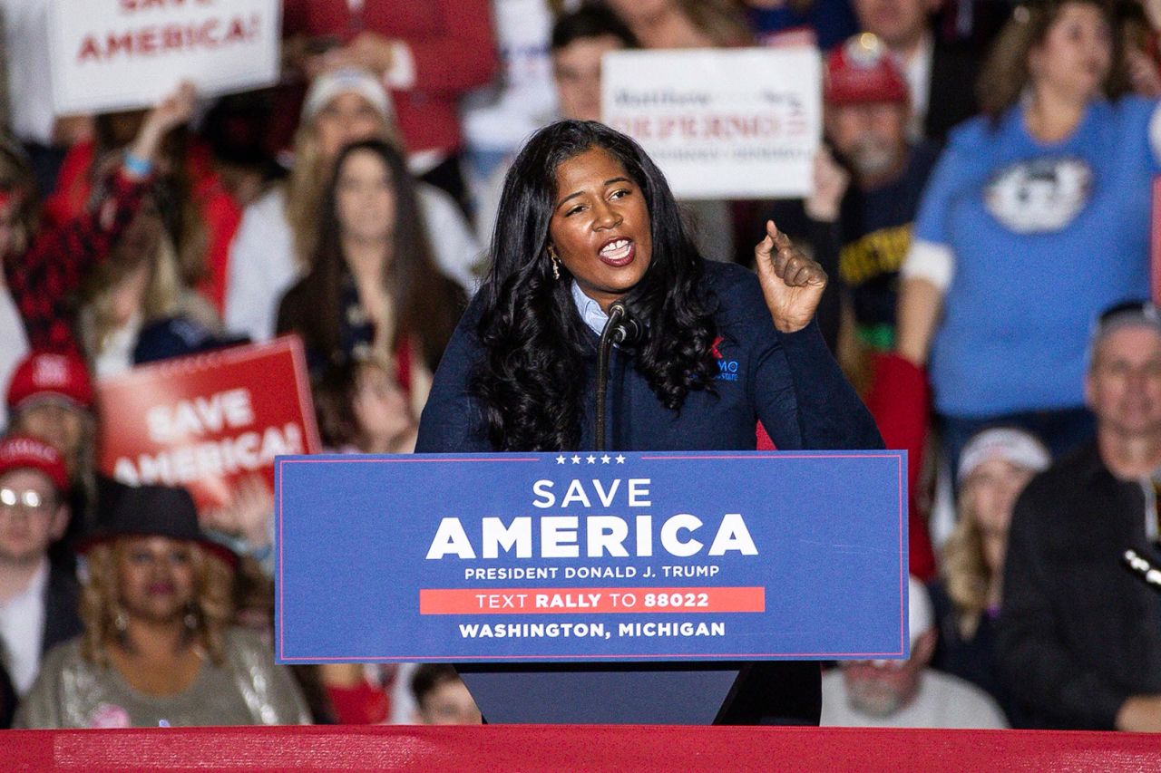 In this April 2022 photo, Kristina Karamo speaks at a Save America rally at the Michigan Stars Sports Center in Macomb County, Michigan.