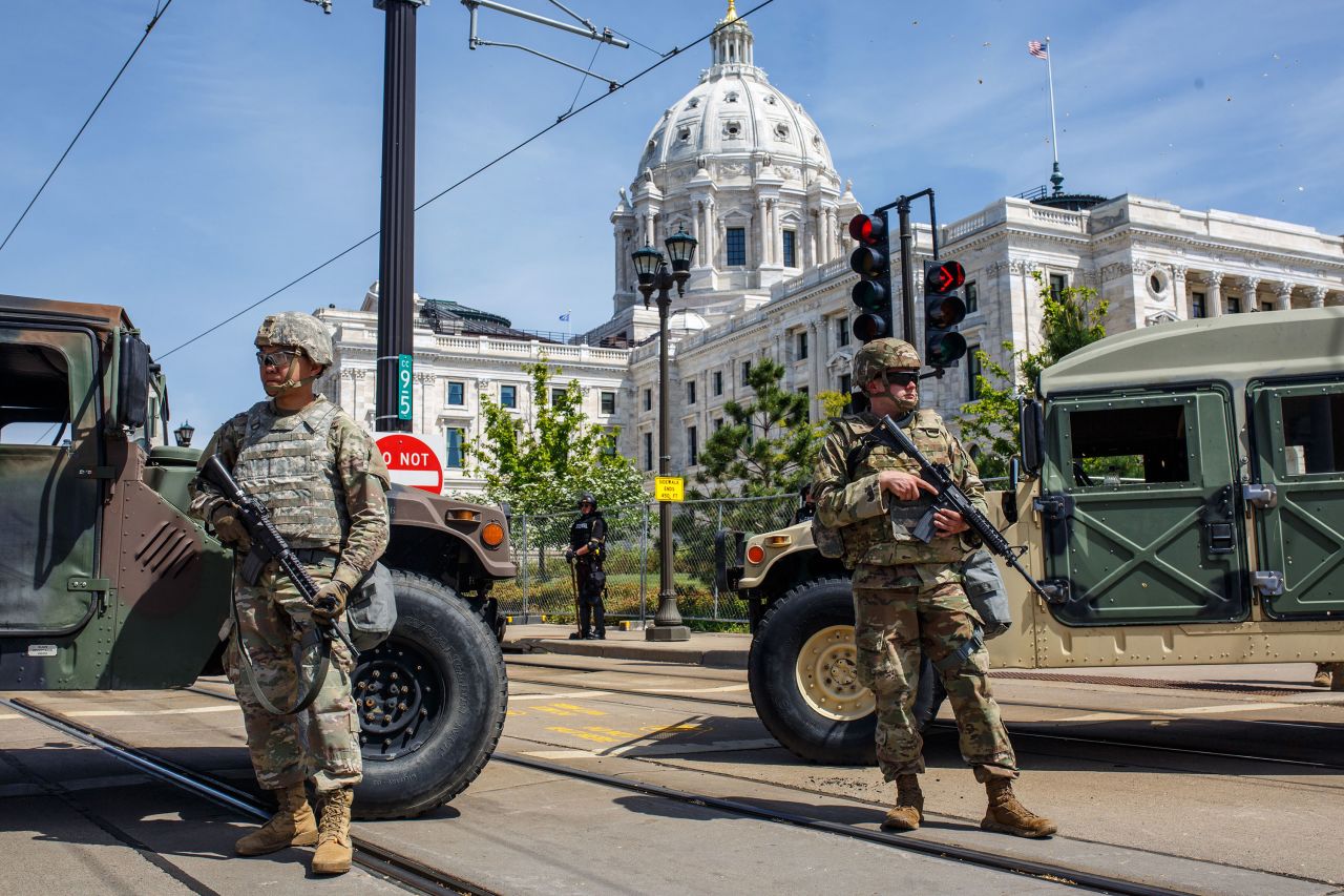 National Guard soldiers stand outside of the Minnesota Capitol in St. Paul, Minnesota, on May 31, 2020.