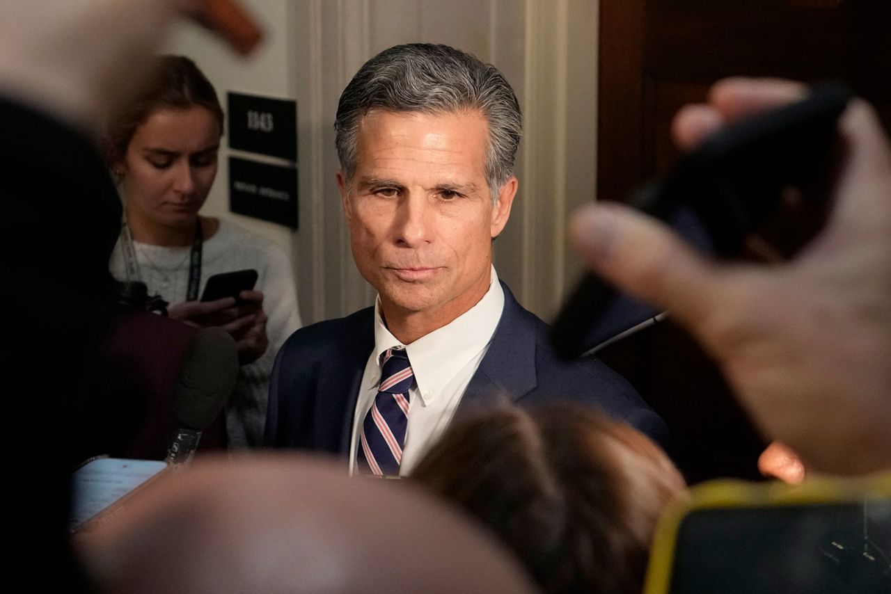 Meuser tells reporters he is out of the race for House speaker on Capitol Hill in Washington, DC, on Monday, October 23. 