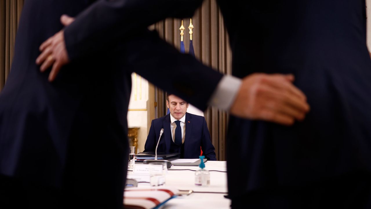 French President Emmanuel Macron, center, chairs a Defense Council at the Elysée Palace in Paris on Monday.