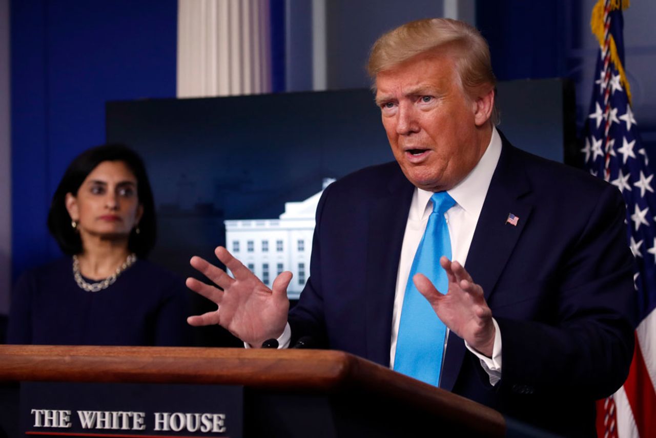 President Donald Trump speaks about the coronavirus in the James Brady Press Briefing Room of the White House, Tuesday, April 7, in Washington, as Administrator of the Centers for Medicare and Medicaid Services Seema Verma, listens.