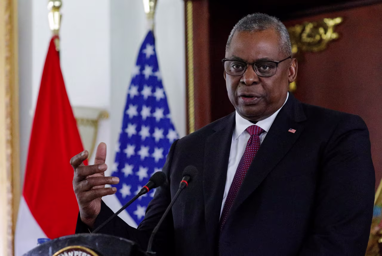 U.S. Defense Secretary Lloyd Austin speaks during a joint news conference with Indonesia's Defense Minister Prabowo Subianto following their meeting in Jakarta, Indonesia, on November 21.