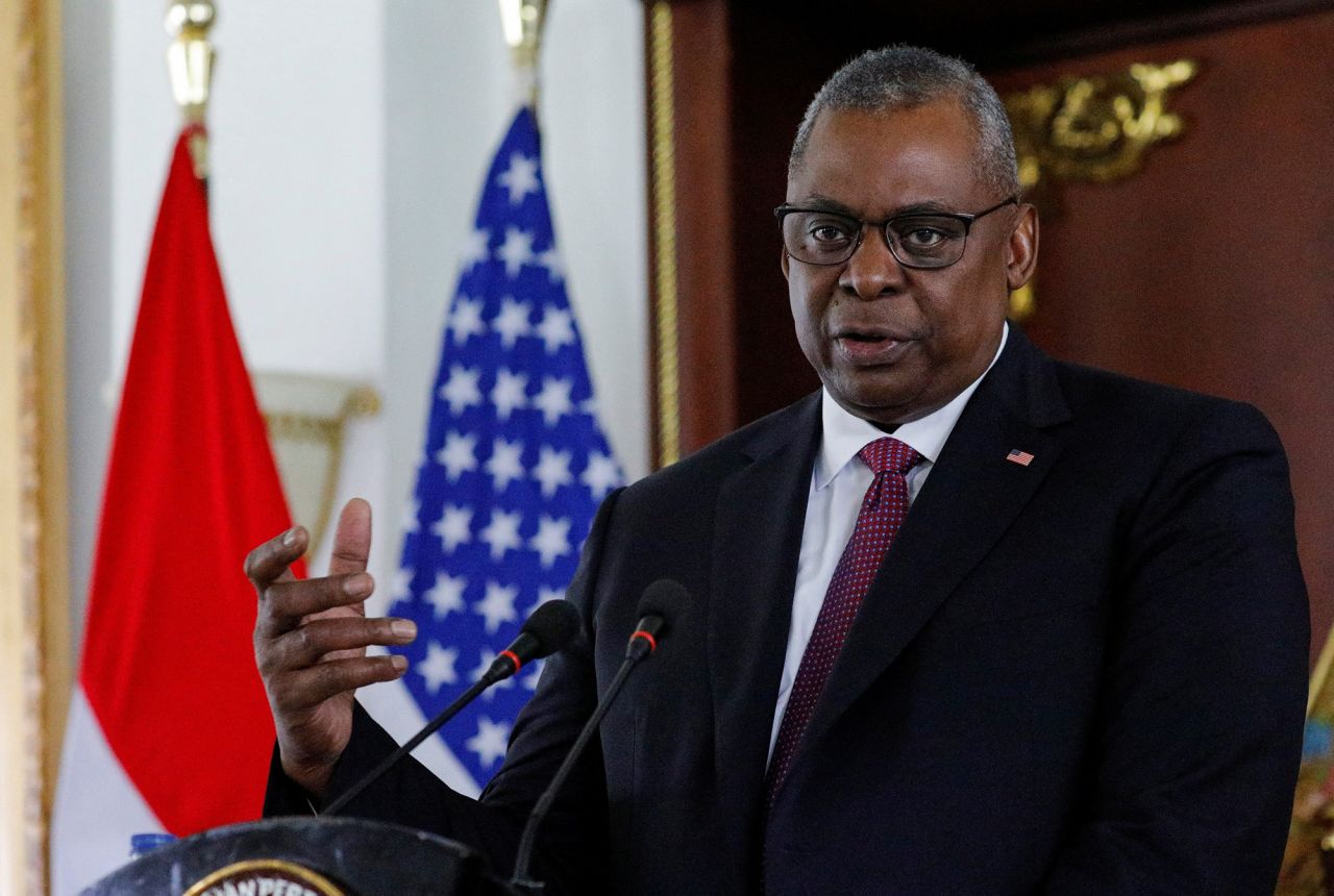 U.S. Defense Secretary Lloyd Austin speaks during a joint news conference with Indonesia's Defense Minister Prabowo Subianto following their meeting in Jakarta, Indonesia, on November 21.
