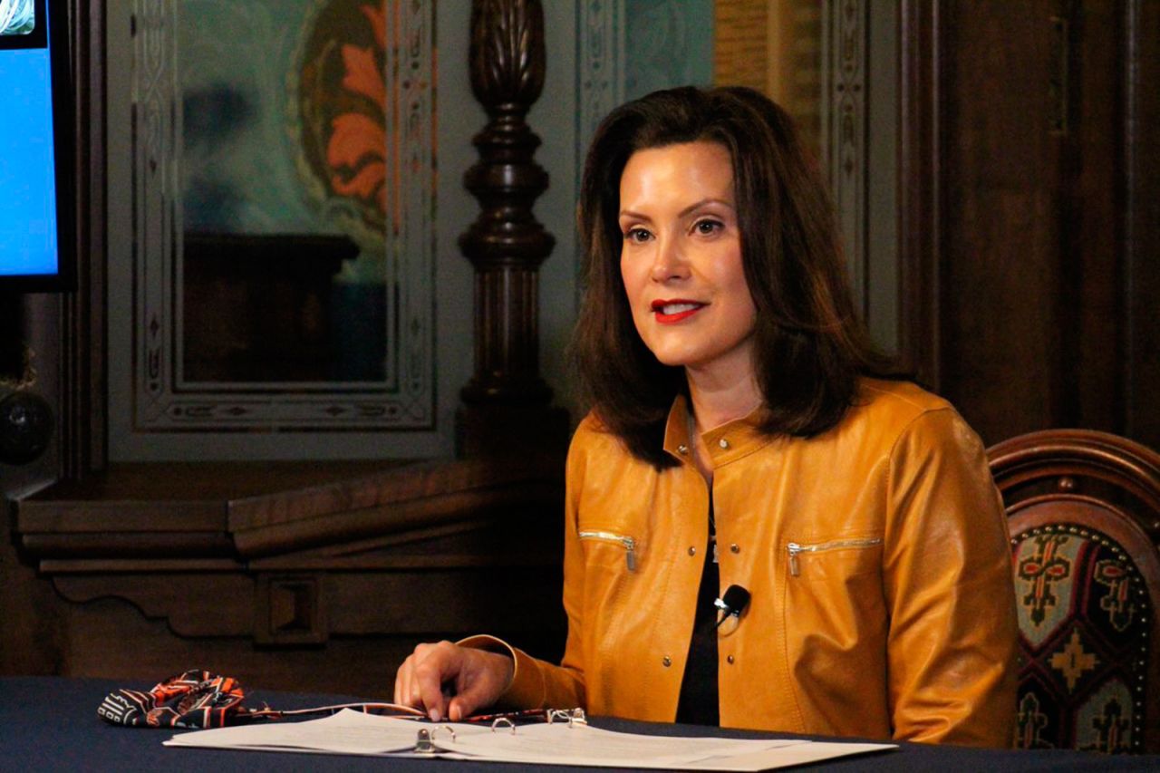 Michigan Gov. Gretchen Whitmer addresses the state during a speech in Lansing, Mich., Monday, April 6