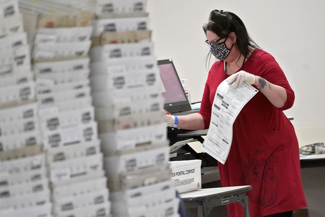 Arizona elections officials continue to count ballots inside the Maricopa County Recorder's Office, Friday, November 6, in Phoenix.