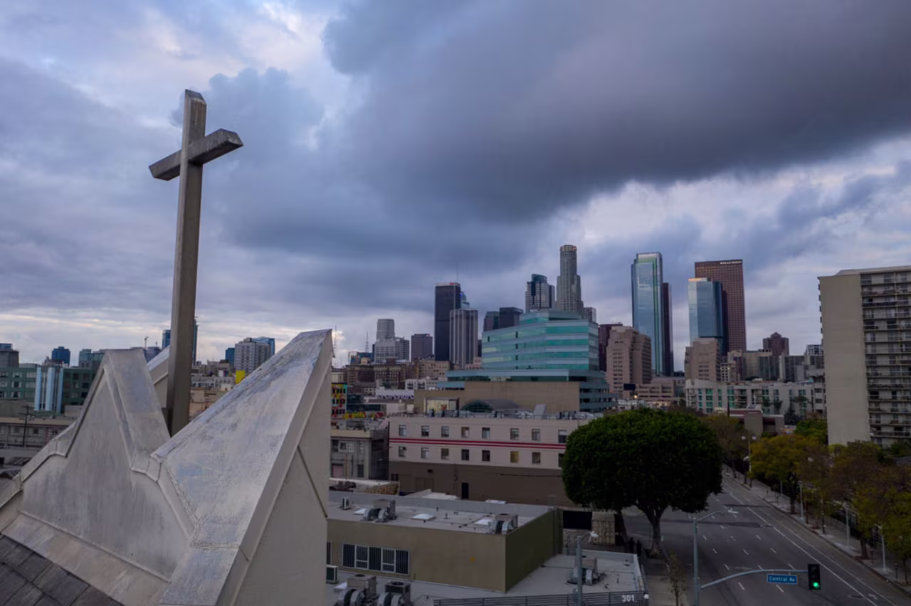 A church cross is seen in downtown Los Angeles on April 18.