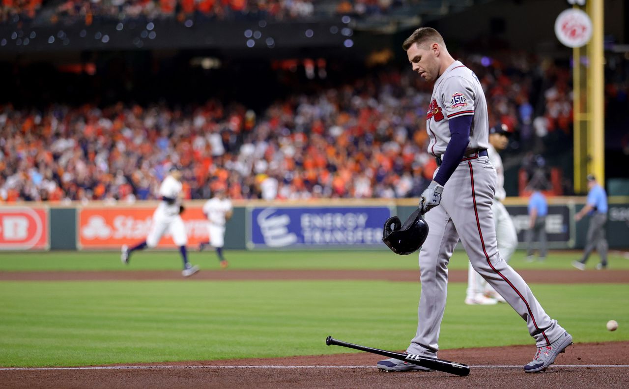 Freddie Freeman of the Braves reacts after striking out during the first inning in Game 6 on November 2.