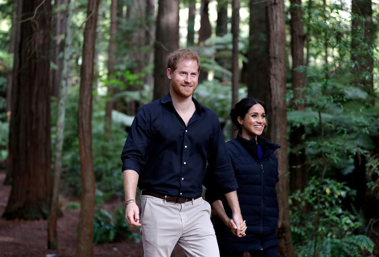 Prince Harry, Duke of Sussex and Meghan, Duchess of Sussex visit Redwoods Tree Walk on October 31, 2018 in Rotorua, New Zealand.